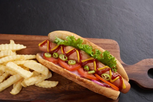 gourmet-grilled-all-beef-hot-dog-with-sides-chips-delicious-simple-hot-dogs-with-mustard-pepper-onion-nachos-hot-dogs-fully-loaded-with-assorted-toppings-paddle-board_1150-44649